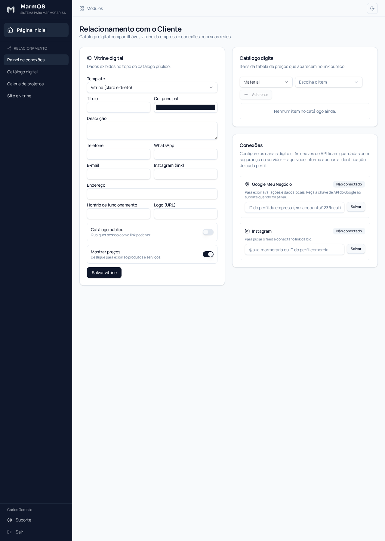 Tela real da Planejaria: Relacionamento com o cliente